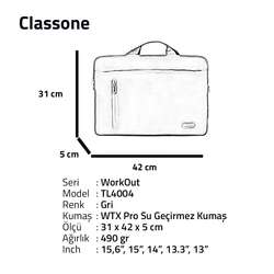 CLASSONE TL4004 15.6 inch Laptop , Notebook Çantası -Gri - Thumbnail